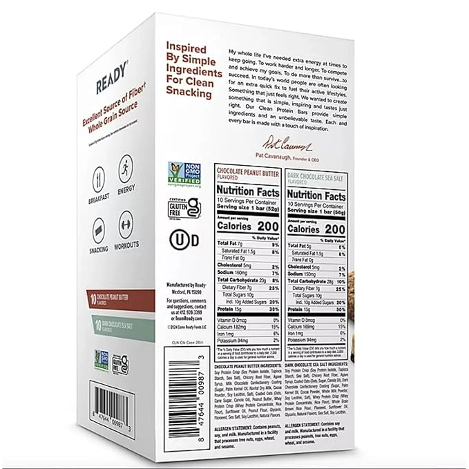 Ready Clean Protein Bars Chocolate Peanut Butter and Dark Chocolate Sea Salt 20 Count 15g Protein