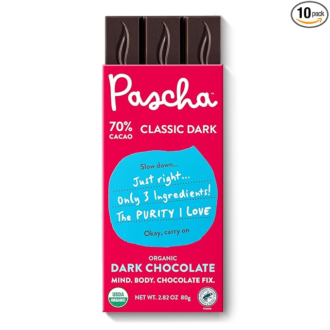 Pascha Organic Dark Chocolate Bars 70% Cacao Gluten Free Non GMO 2.82 oz Pack of 10