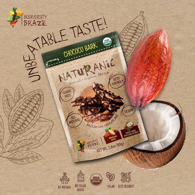 Naturanic Brazilian Dark Chocolate Bark Coconut Chunks Sugar Free Keto Friendly Vegan All Natural Organic Non GMO Gluten Free - Pack of 4