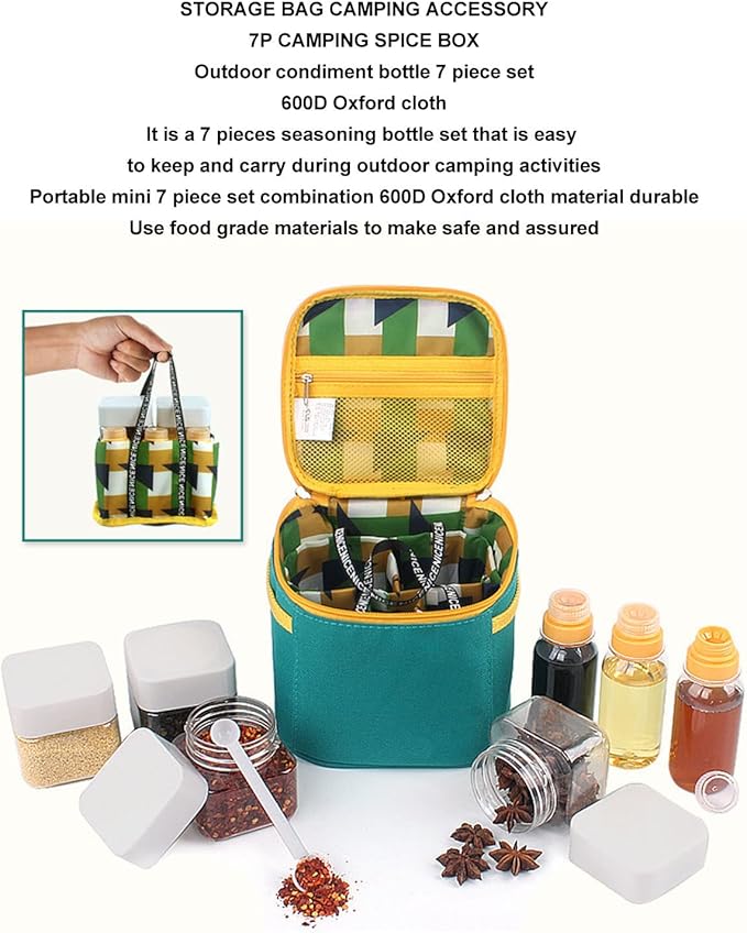 Portable Kit with Storage Bag 4 Dry 3 Liquid Seasoning Containers Set for Outdoor Camping BBQ Picnic Cooking