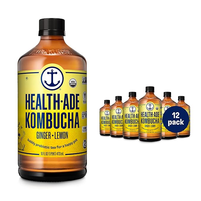Health-Ade Kombucha Tea Organic Drink Fermented Tea with Living Probiotics Detoxifying Acids Supports Gut Health Non-GMO Vegan Gluten Free 12 Pack (16 Fl Oz Bottles) Ginger-Lemon