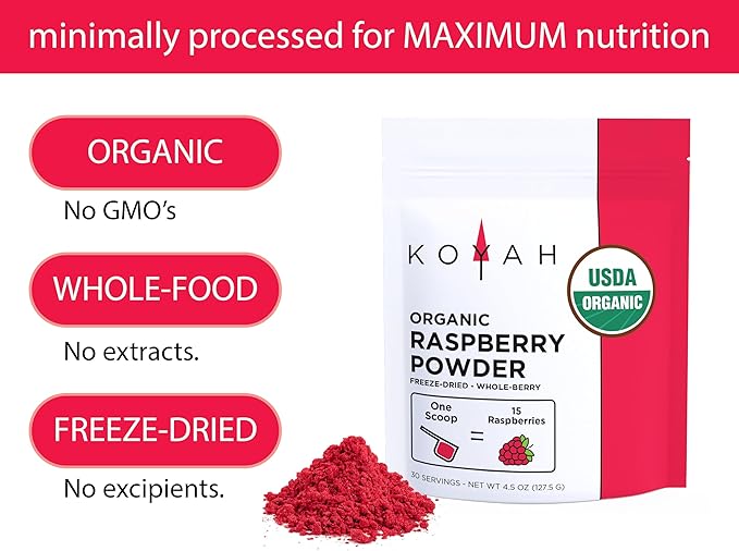 KOYAH - Organic Raspberry Powder 30 Servings (1 Scoop = 15 Raspberries) Freeze-Dried Whole-Berry Powder Equivalent to 450 Raspberries