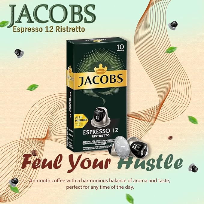 Jacobs Espresso 12 Ristretto 10x10 CAPSULES Coffee Capsules Compatible with (057 USD/1 CAP)