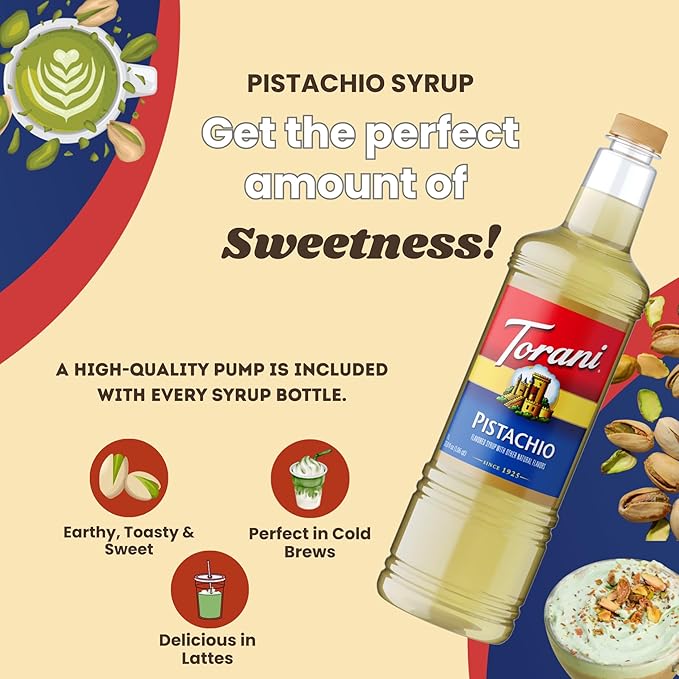 Torani Pistachio Coffee Syrup 1 Liter Bottle with Pump Dispenser – Flavored Syrup with Pure Cane Sugar &amp Natural Pistachio Essence – Perfect for Lattes Desserts &amp Cocktails