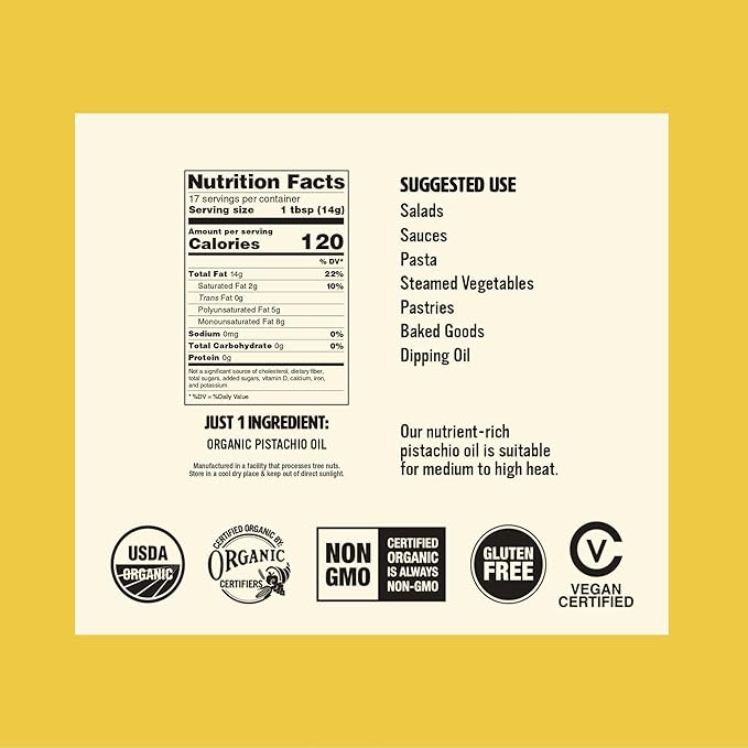 Nutrawbar Organic Expeller Cold-Pressed Pistachio Oil. Made from California Pistachios Premium Organic Cold Pressed Pistachio Oil.