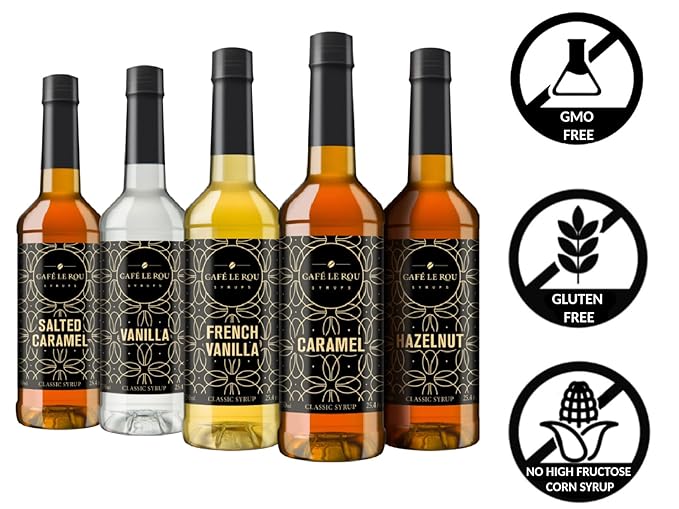 Café Le Rou Coffee Syrup Variety 5-Pack- 25.4 oz Vanilla French Vanilla Caramel Salted Caramel Hazelnut *Includes 5 Syrup Pumps* Flavoring Syrup for Coffee Tea and Espresso
