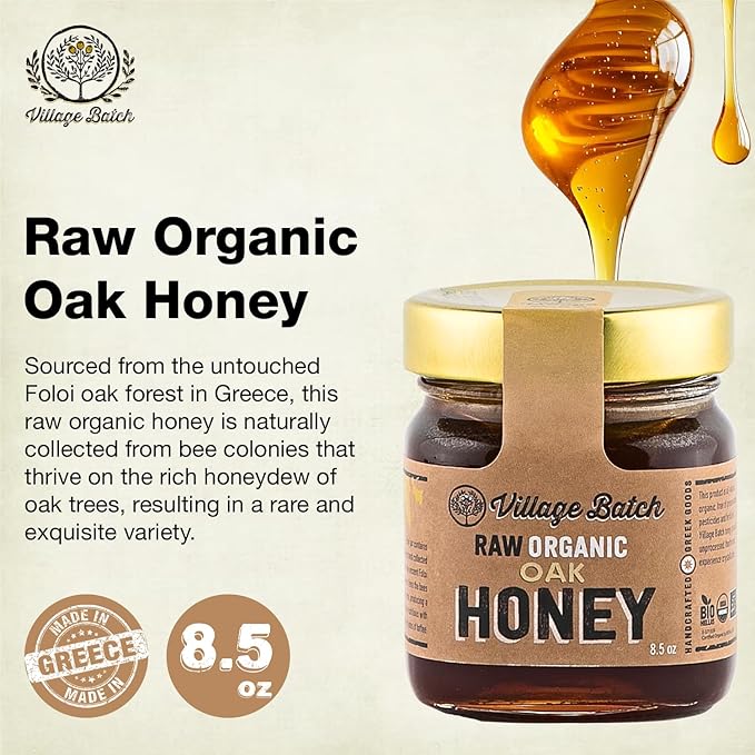 Village Batch Raw Organic Oak Honey 8.5oz Jar (Pack of 1) from Foloi Oak Forest Dark Amber Rich Caramel and Toffee Notes Unfiltered and Unpasteurized Greek-Honey