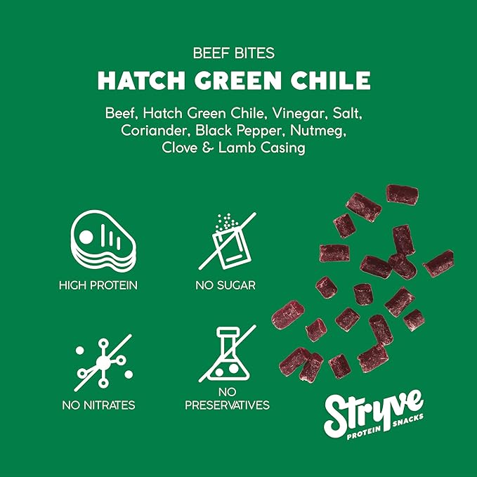 Stryve Protein Snacks - Protein Rich Beef Bites | 28g Protein Sugar Free Carbs Free Gluten Free Dairy Free Keto &amp Paleo Friendly | Hatch Green Chili Pack Of 4