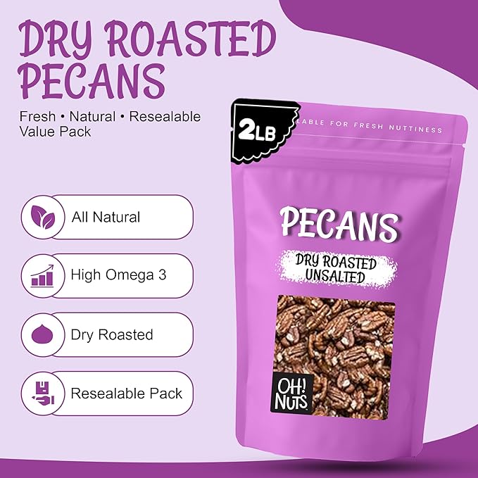 Oh! Nuts Pecans Dry Roasted Unsalted - Kosher Oil-Free All Natural Pecans - For Baking Snacks Salad Dressing - Packed in 2 LB Resealable Bulk Bag