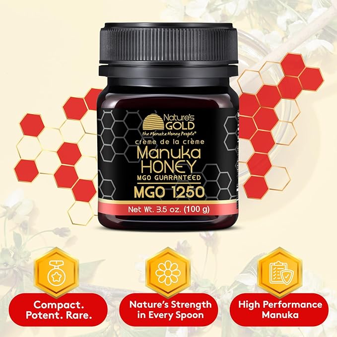 Nature’s Gold Raw Manuka Honey Certified High MGO | Authentic MGO 100% Pure Genuine Traceable Hive to Home | MGO 1250+ Flavor | 3.5 Ounce (Pack of 1) Size