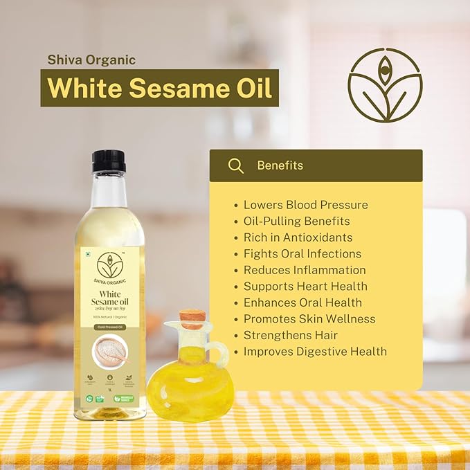 Shiva Organic Cold-Pressed White Sesame Oil - 100% Natural Certified Organic - 1L (33.8 fl oz) for Cooking Dressings and Health