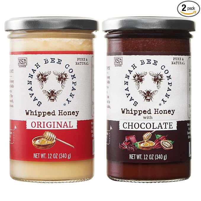 Whipped Honey Gift Set by Savannah Bee - Creamy Smooth Spreadable and absolutely Delicious - 100% Natural and Pure Honey - 12 Oz (Original &amp Chocolate)