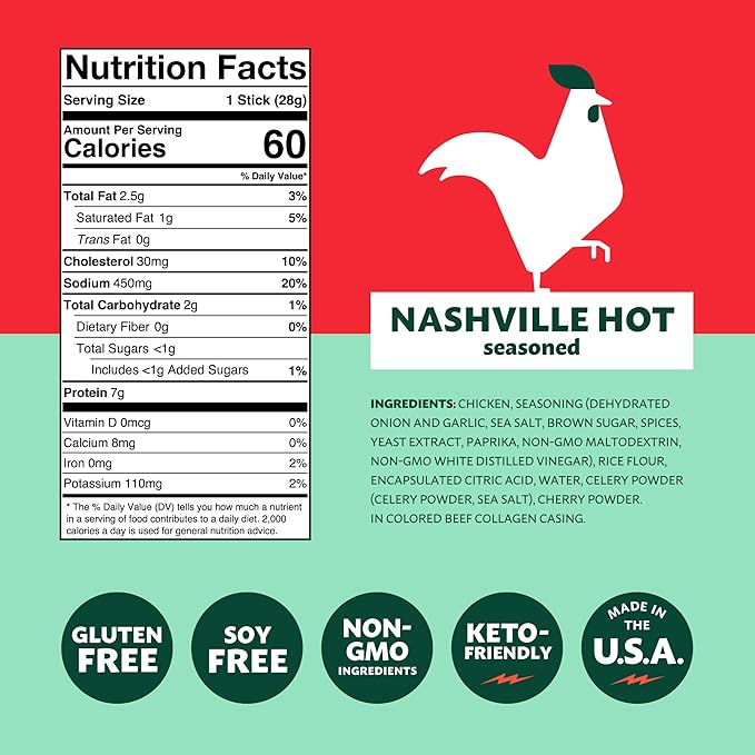 Mighty Spark Chicken Snack Sticks - Nashville Hot - 6g of Protein No Antibiotics No Hormones Gluten Free Soy Free Meat Sticks - High Protein Keto Snacks Weight Watchers Approved - 12 Count