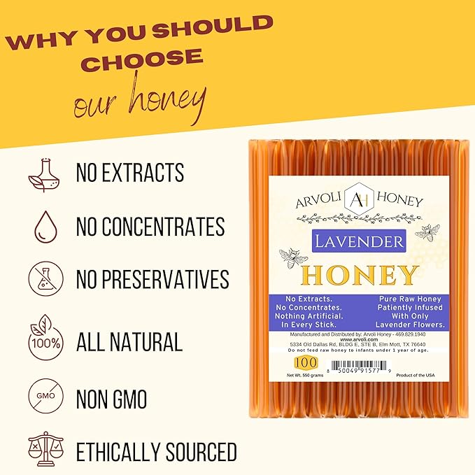 Lavender Honey Straws - Lavender Infused Honey Sticks for Tea - 100 Pack All-Natural Flavor Infusion Non-artificial No Preservatives