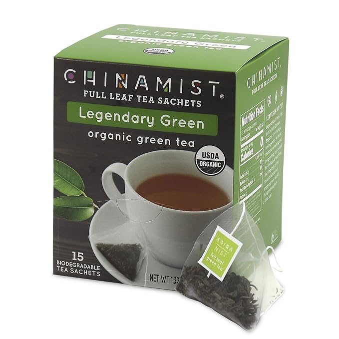 China Mist - Legendary Green Organic Full Leaf Tea Sachet 15 count box - Biodegradable and Individually Wrapped (6 Pack)