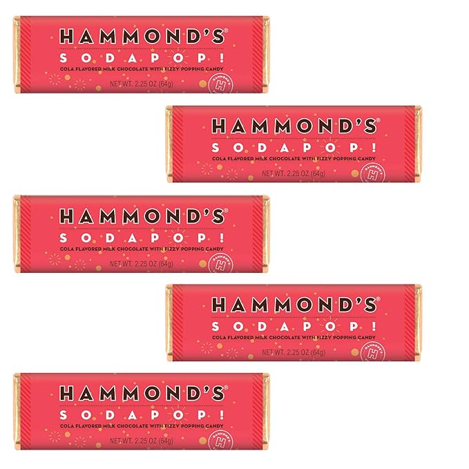 Hammond's Candies Gourmet Chocolate Candy Bars – Soda Pop | Cola Flavored Milk Chocolate with Fizzing Popping Candy Sweet Soda Candy Bar Certified Kosher Handcrafted in the USA | Pack of 5