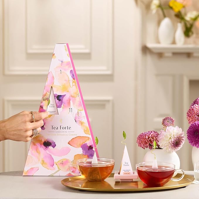 Tea Forte Tea Advent Calendar Gift Set 12 Individually Wrapped Handcrafted Assorted Pyramid Infuser Tea Bags with Numbered Doors Mariposa