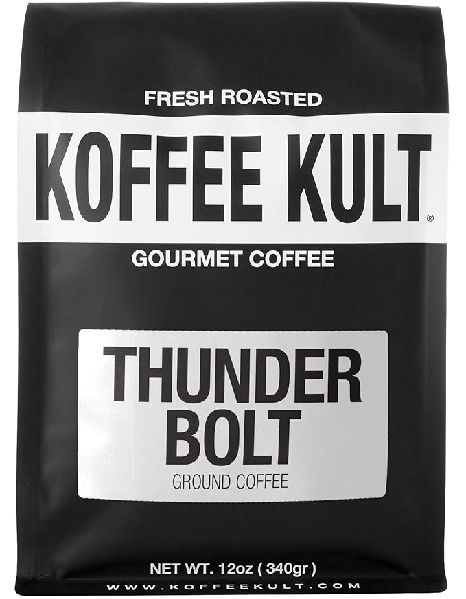 Koffee Kult Thunder Bolt Coffee Super Dark Roast 100% Arabica Robust Blend of Colombian And Brazil (Ground 12oz)