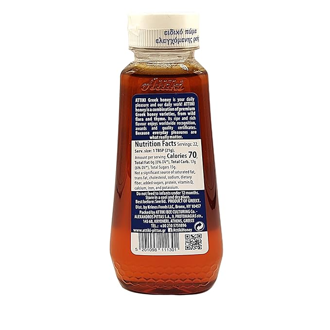 Attiki Pure Greek Honey with Thyme Wild Flowers and Herbs Perfect for Baking Cooking Lemonade and Tea 16.58 oz (470 grams) Bottle