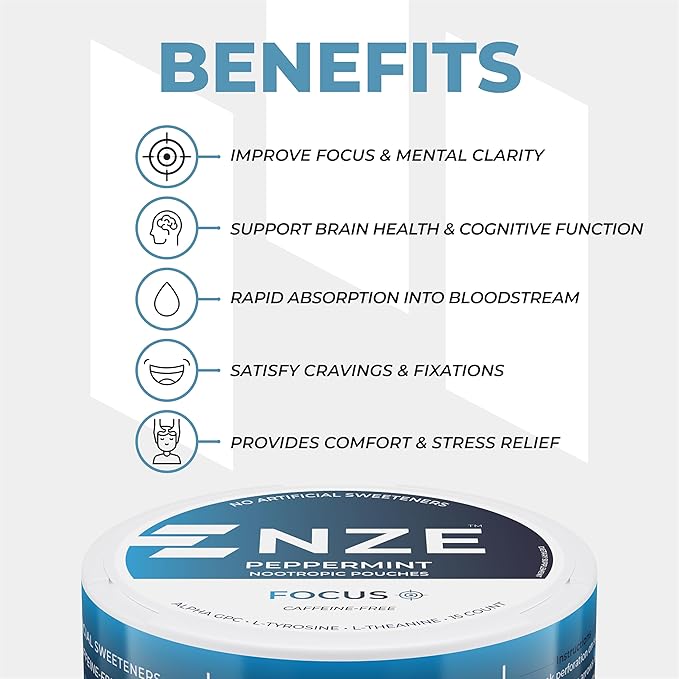 NZE Caffeine Free Nootropic Pouches (Peppermint) - Nootropic Pouches with Alpha GPC L-Tyrosine &amp L-Theanine - No Sugar or Artificial Sweeteners - 15 Nicotine Free Pouches Per Can - 5 Pack