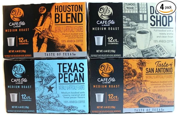 H.E.B Cafe Ole Variety Single Serve Coffee Cups San Antonio Houston Texas Pecan &amp Donut Shop 12 cts (Pack of 4)