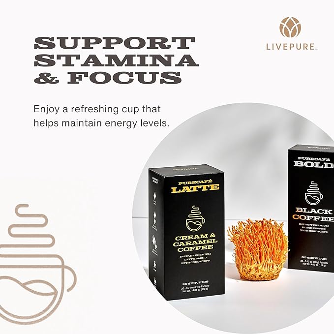 PureCafé Bold Black Coffee with Cordyceps | Smooth Energizing Flavor | Convenient Single-Serve Packets | Supports Focus Vitality &amp Wellness | 30 Servings