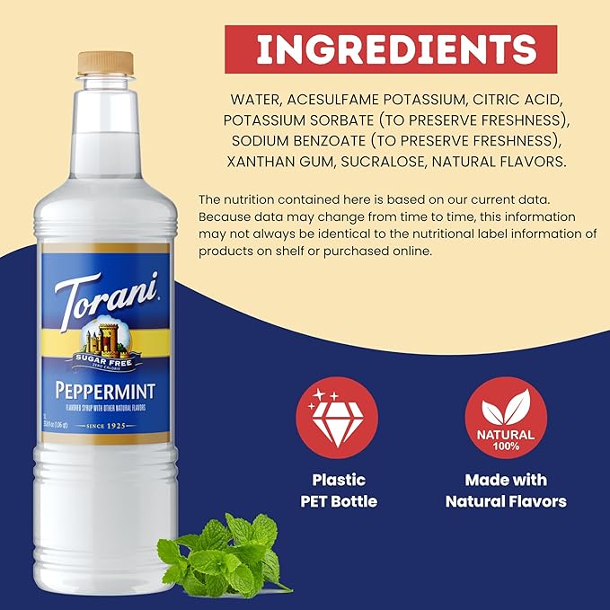 Torani Sugar Free Peppermint Syrup 1 Liter Bottle with Pump Dispenser – Zero Sugar Zero Calories Keto Friendly Gluten Free Mint Flavor for Coffee Lattes Cocktails and Holiday Drinks