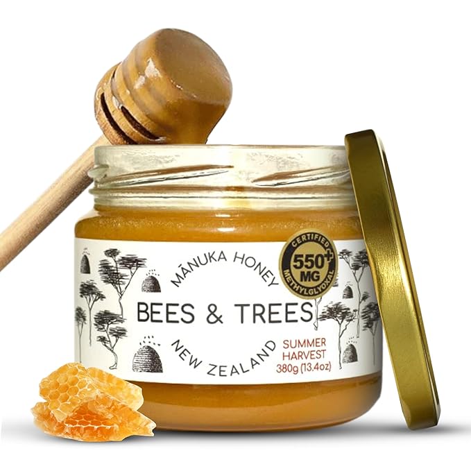 Bees &amp Trees Manuka Honey 550+ MGO - Raw Pure New Zealand Monofloral Honey – Unpasteurized &amp Natural Unfiltered Manuka for Tea Coffee Dressings Smoothies &amp Daily Use – Glass Jar 380g (