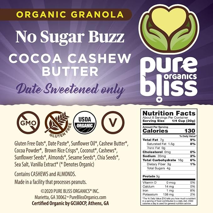 Pure Bliss Organics NO SUGAR BUZZ GRANOLA VARIETY PACK 3-12oz bags one each Cashew Raisin Granola Cashew Cranberry  Cocoa Cashew Butter  Certified Organic and Gluten Free Vegan Non GMO Low Gly