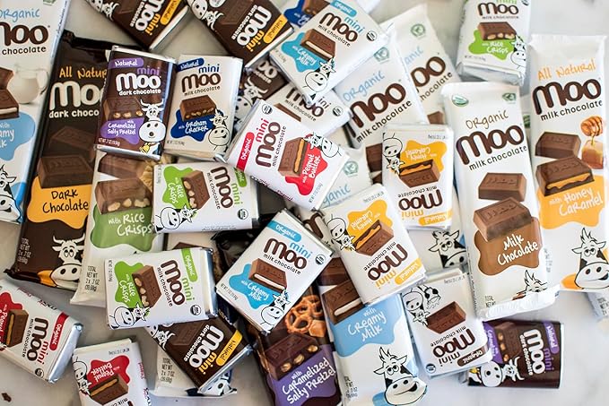 Moo Chocolates Organic Solid Milk Chocolate Large Bars 1.4 oz 14 ct (Pack of 1) | USDA Organic Non-GMO | 110 Calorie Snacks for On-the-Go Lunchboxes Office