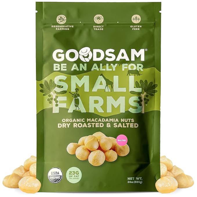 GoodSAM Small Farms Organic Roasted &amp Salted Macadamia Nuts 24oz (1.5lb) | Toasty &amp Buttery | Just Nuts &amp Sea Salt | 23g Healthy Fats 1g Net Carb | Regenerative Family Farms | Non-GMO Ke