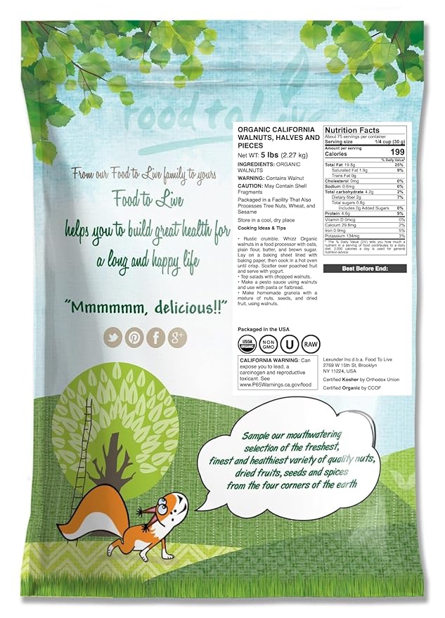 Organic California Walnuts Halves &amp Pieces 5 Pounds – Non-GMO Raw Unsalted Shelled Vegan Kosher Sirtfood Bulk Snack. High in Omega-3 Fatty Acids Protein. Great for Baking and as a Toppin