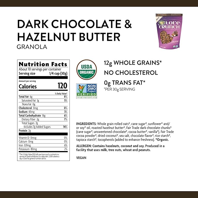 Love Crunch Organic Dark Chocolate &amp Hazelnut Butter Granola 10.6 oz (Pack of 6) Non-GMO Fair Trade by Nature's Path