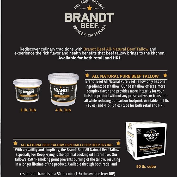 Brandt Beef Tallow – 100% Pure Beef Tallow for Cooking | 16 oz (1 lb) Tub Beef Tallow for Deep Frying | High Smoke Point | No Additives or Preservatives | Sustainably Sourced | Family-Owned Ranch USA