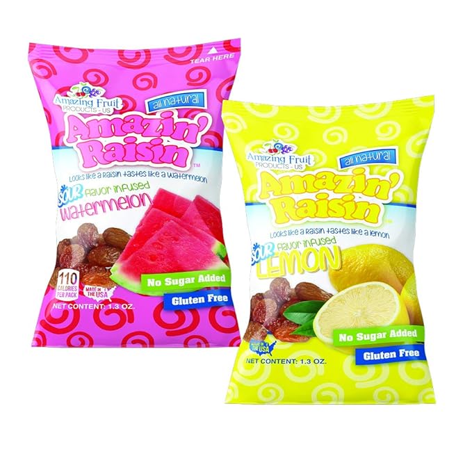 Amazin' Raisin Flavor Infused Raisins Snack Pack All Natural No Added Sugar 30 Count (Sour Lemon &amp Sour Watermelon)