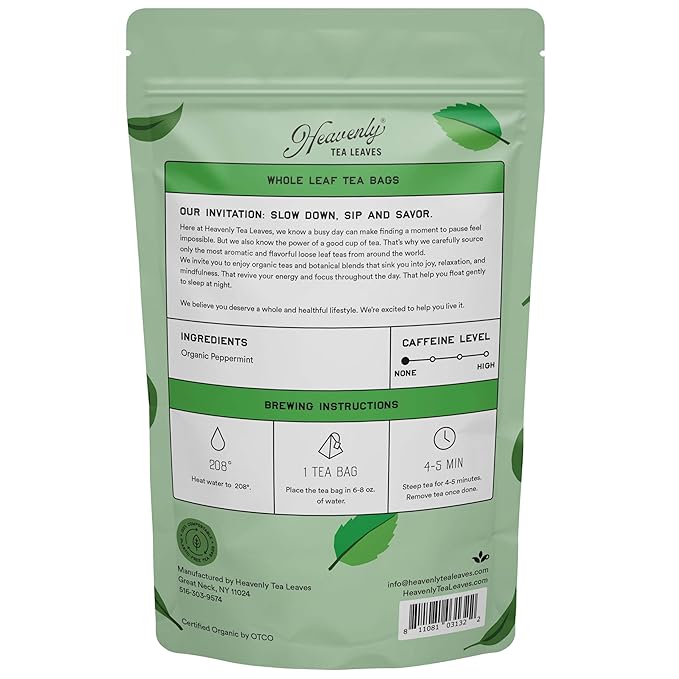 Heavenly Tea Leaves Organic Peppermint (50 Pyramid Tea Bags) Bulk Compostable Herbal Tea Sachets - 100% Plastic Free Premium Quality Whole Tea Leaves in a Convenient Tea Bag