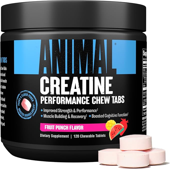 Animal Whey Protein Powder and Creatine Chews Tablets Bundle - Chocolate Flavored 4 lb Protein and Fruit Punch Flavored Creatine for Pre/Post Workout
