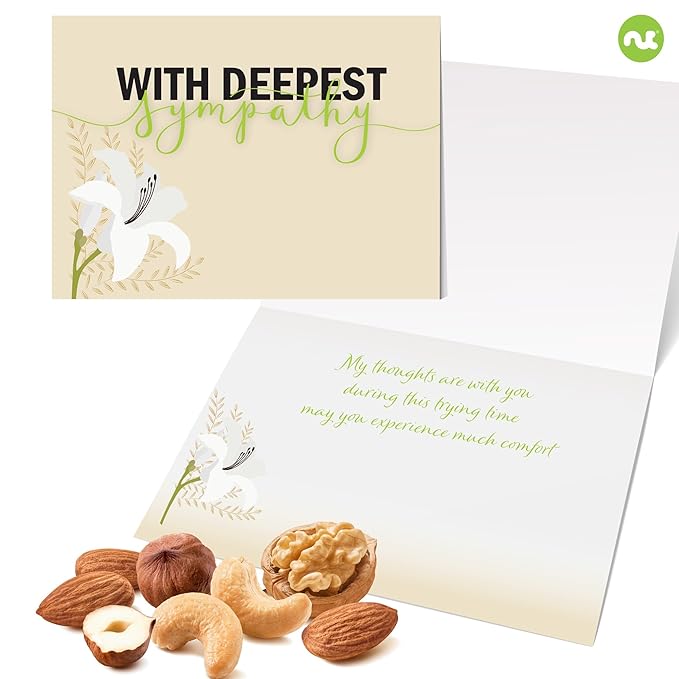 NUT CRAVINGS Gourmet Collection - Sympathy Condolence Nuts &amp Dried Fruits Tower Gift Basket with Sympathy Ribbon + Greeting Card (12 Assortments) Food Arrangement Healthy Snack Food Assortment