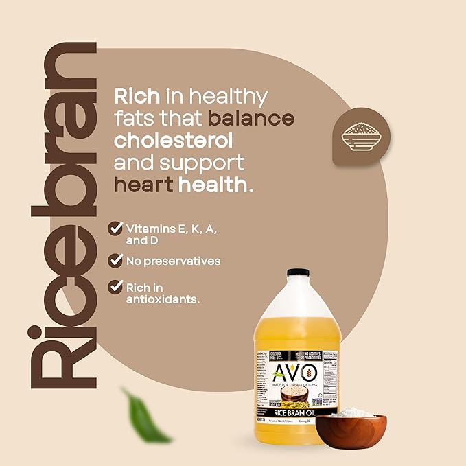 AVO Rice Bran Oil for Cooking or Frying 1 Gallon NON-GMO No Preservatives High Smoke Point 490°F Rice Oil