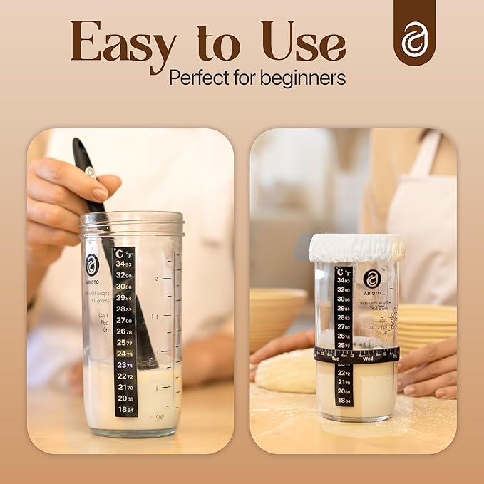 Sourdough Starter Jar Kit Includes 34 oz Sourdough Starter Jar with Metallic Lid Silicone Spatula Feeding Tracker Extra Thermometer Strips &amp Breathable Covers – Sourdough Bread Starter Kit