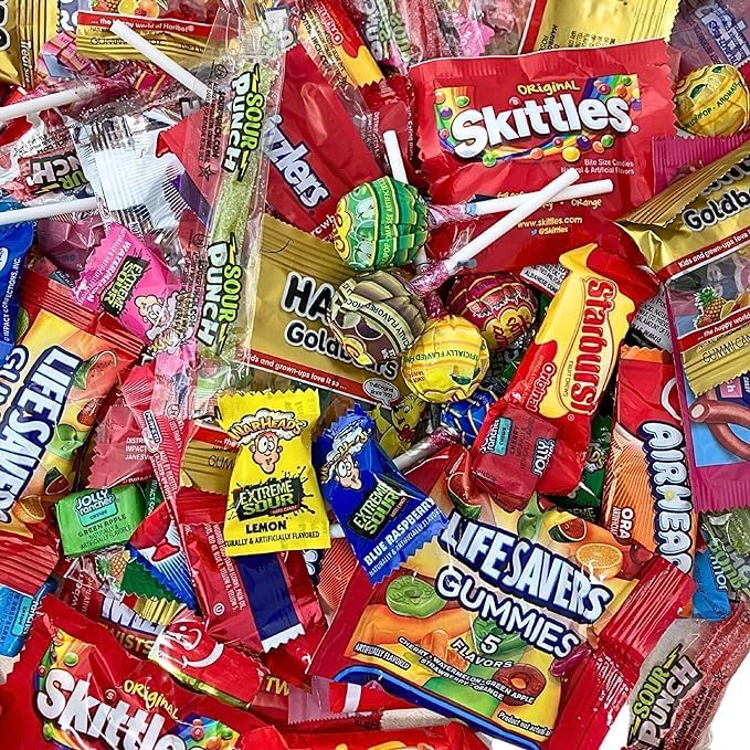 ASSORTED VARIETY BULK CANDY MIX 8.5 LB of Assorted Individually Wrapped Snack Size Candy Mix Skittles Starburst Haribo Jolly Ranchers and More for Pinata Filler Kids Parties and Office Candy