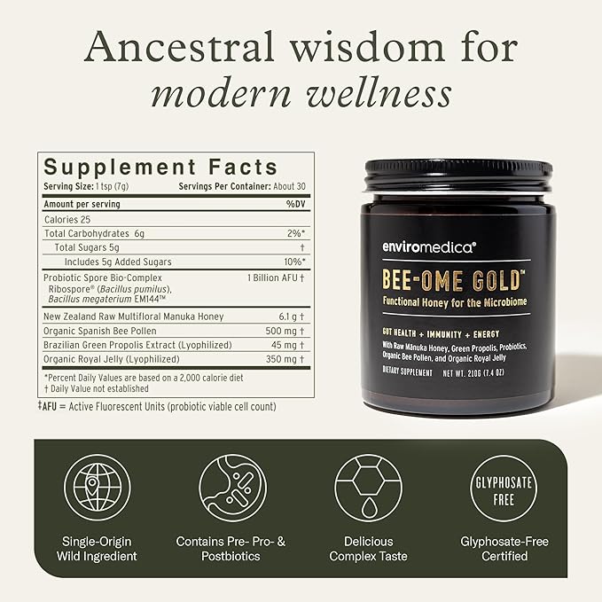 Bee-Ome Gold by Enviromedica - Unpasteurized Raw Manuka Honey with Probiotics Royal Jelly Bee Pollen &amp Propolis Functional Superfood Honey 7.4oz