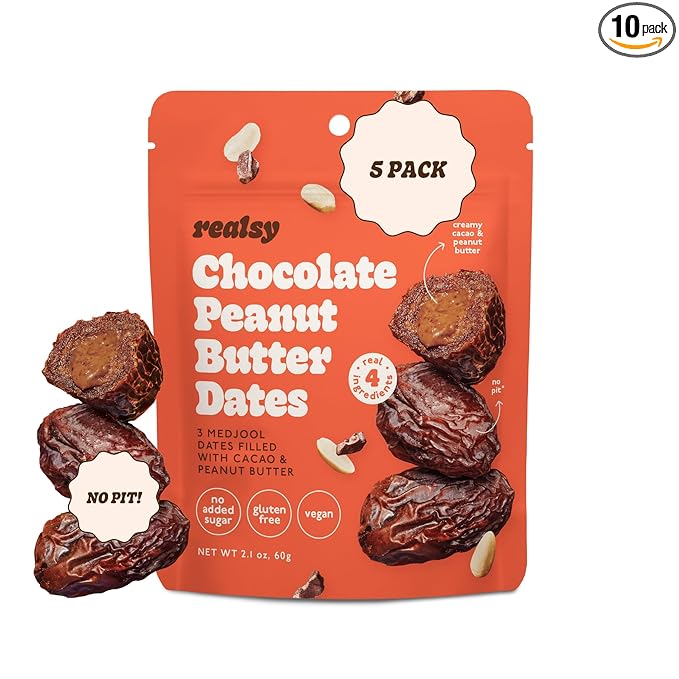 Realsy Pitted &amp Stuffed Medjool Dates Organic Dates with No Sugar Added Gluten-Free Vegan Good Source of Fiber Low Glycemic Index All Natural Healthy Snack (Chocolate Peanut Butter 5 pack)