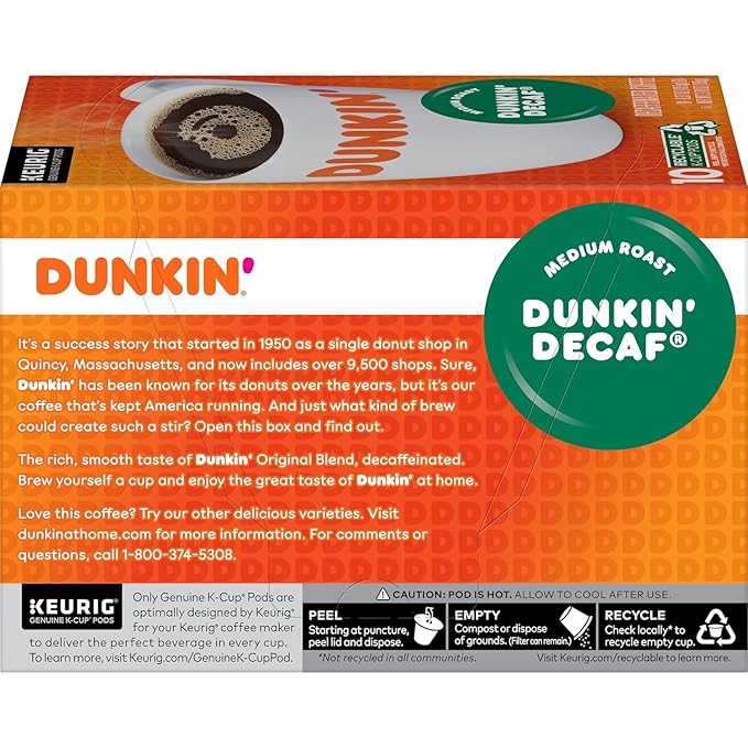 SOUTHERN BASICS Dunkin Donuts Decaf Original Flavor Coffee K-Cups For Keurig K Cup Brewers Packaging May Vary (48 Count)