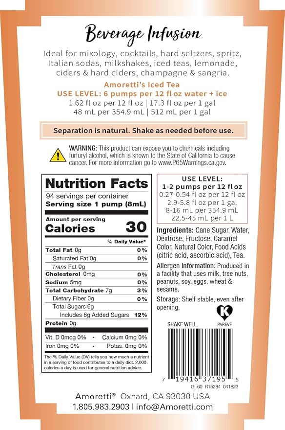 Amoretti - Iced Tea Beverage Infusion 94 Servings Per Bottle (750 ml) - Drink Mix &amp Water Enhancer with Pump for Flavoring Cocktails Waters Teas and other Beverages Preservative Free