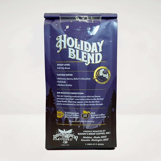 Raven's Brew Coffee Holiday Blend Whole Bean Coffee - Premium 10oz Full City Roast with Molasses Spices &amp Baker's Chocolate Notes | Seasonal Celebration Medium Roast for Christmas &amp Fall
