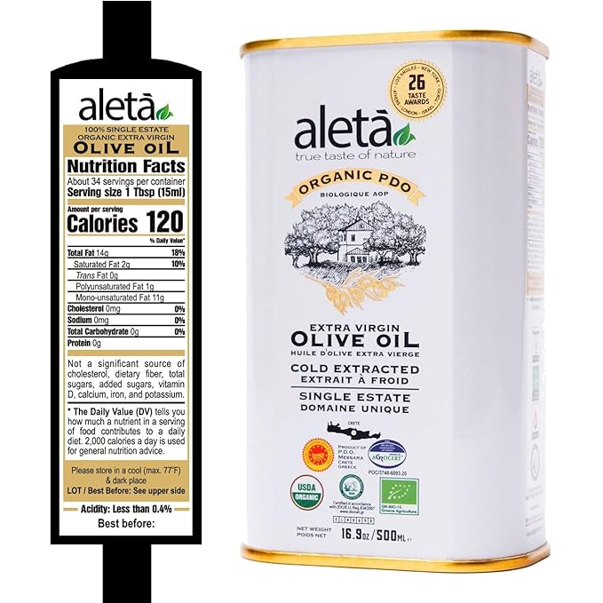 Aleta Farms Organic Olive Oil Extra Virgin High Phenols Single Estate PDO Cold Press Global Gold Awards EVOO Kosher. 16.9 Fl Oz (Pack of 2)
