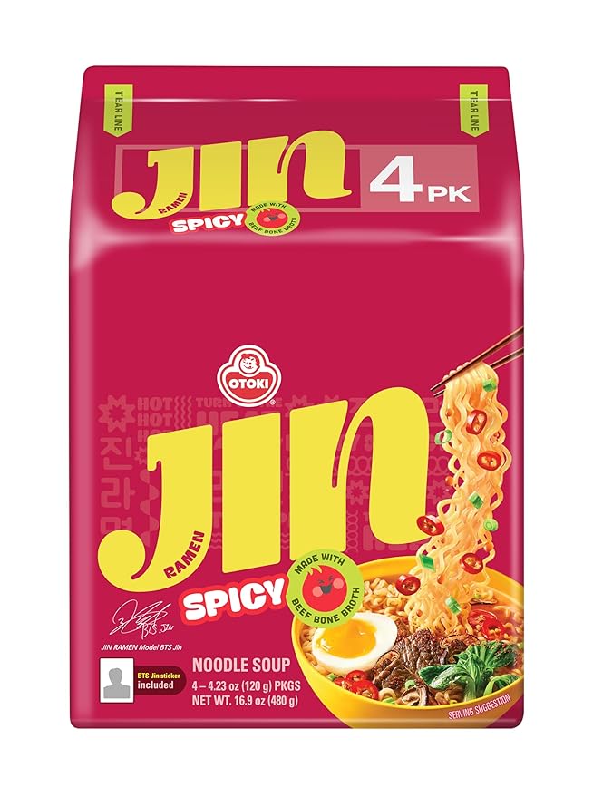 OTOKI Jin Ramen Spicy Korean Instant Ramen 13-Hour Simmered Beef Bone Broth Bold Spicy Flavor Ready in 4 Minutes 4.23 oz (Pack of 8)