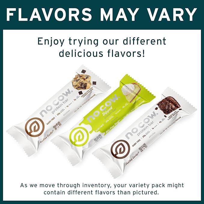 No Cow High Protein Bars Dipped Variety Pack - Healthy Snack 20g Vegan Protein High Fiber Low Sugar Keto Friendly Dairy &amp Gluten Free (12 Count)