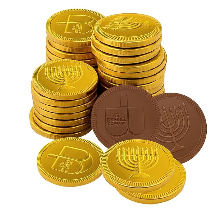 The Dreidel Company Hanukkah Chocolate Gelt 96-Pack Mesh Bags of Milk Chocolate Coins Kosher Certified Dairy Dreidel and Menorah Design Chanukah Coins